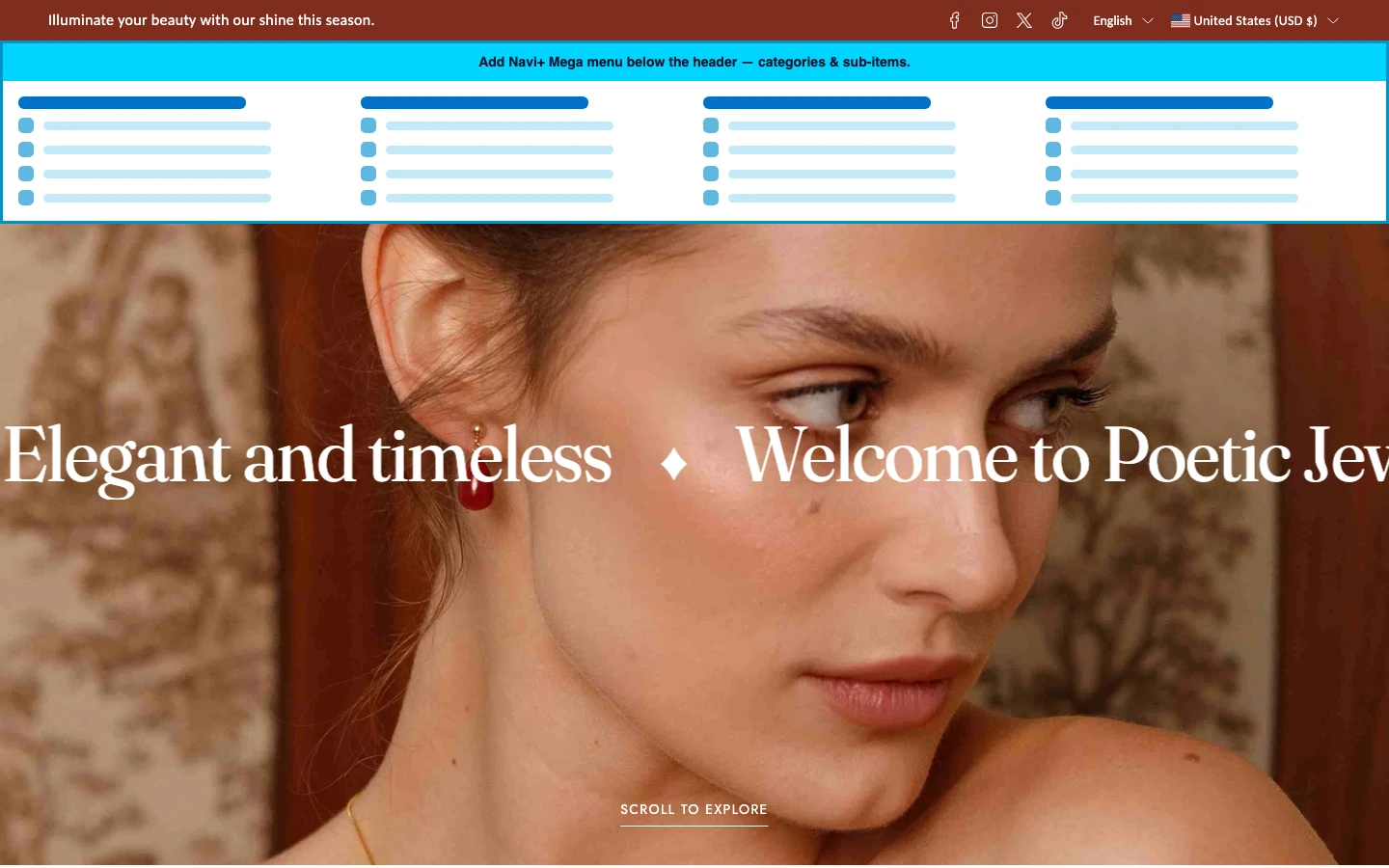 Navi+ Mega Menu inserted below the header on the Poetic Shopify theme Navi+ Mega Menu inserted below the header on the Poetic Shopify theme