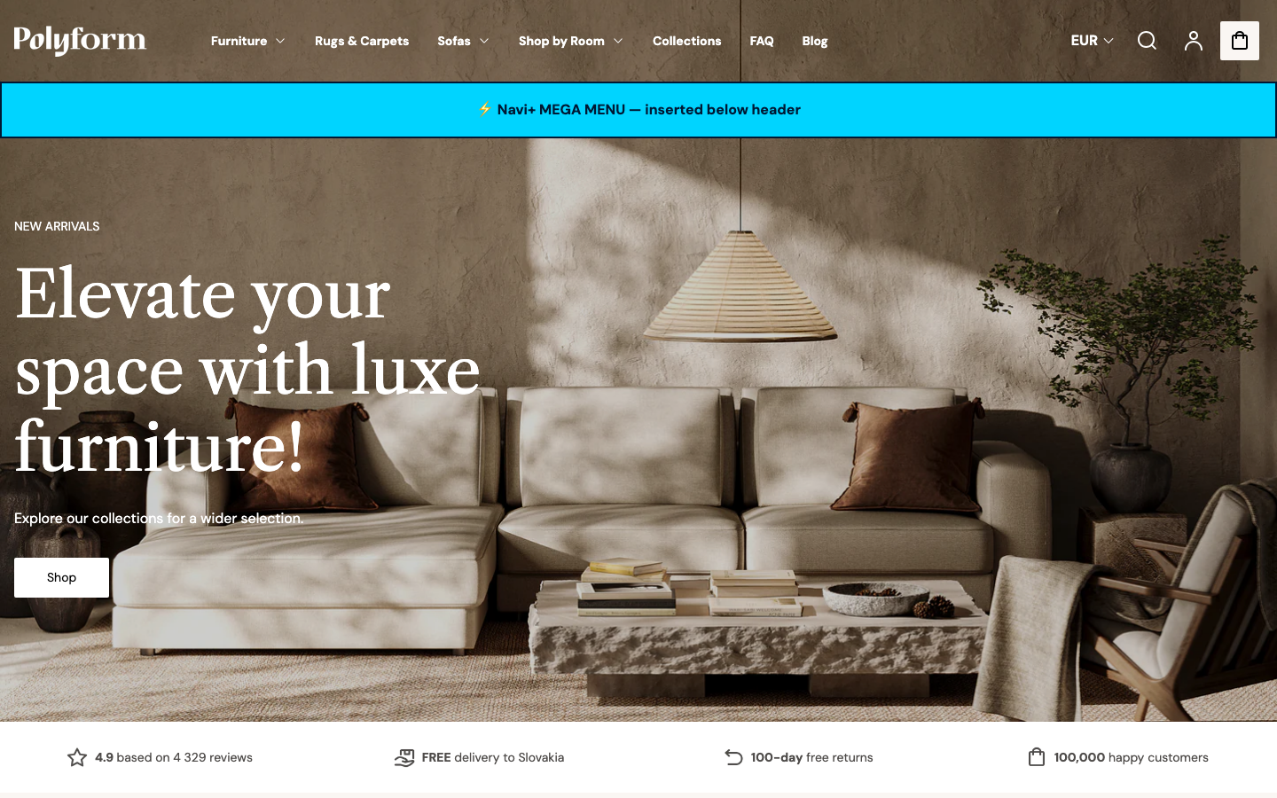 Menu inserted below header — Navi+ on the Polyform Shopify theme Menu inserted below header — Navi+ on the Polyform Shopify theme