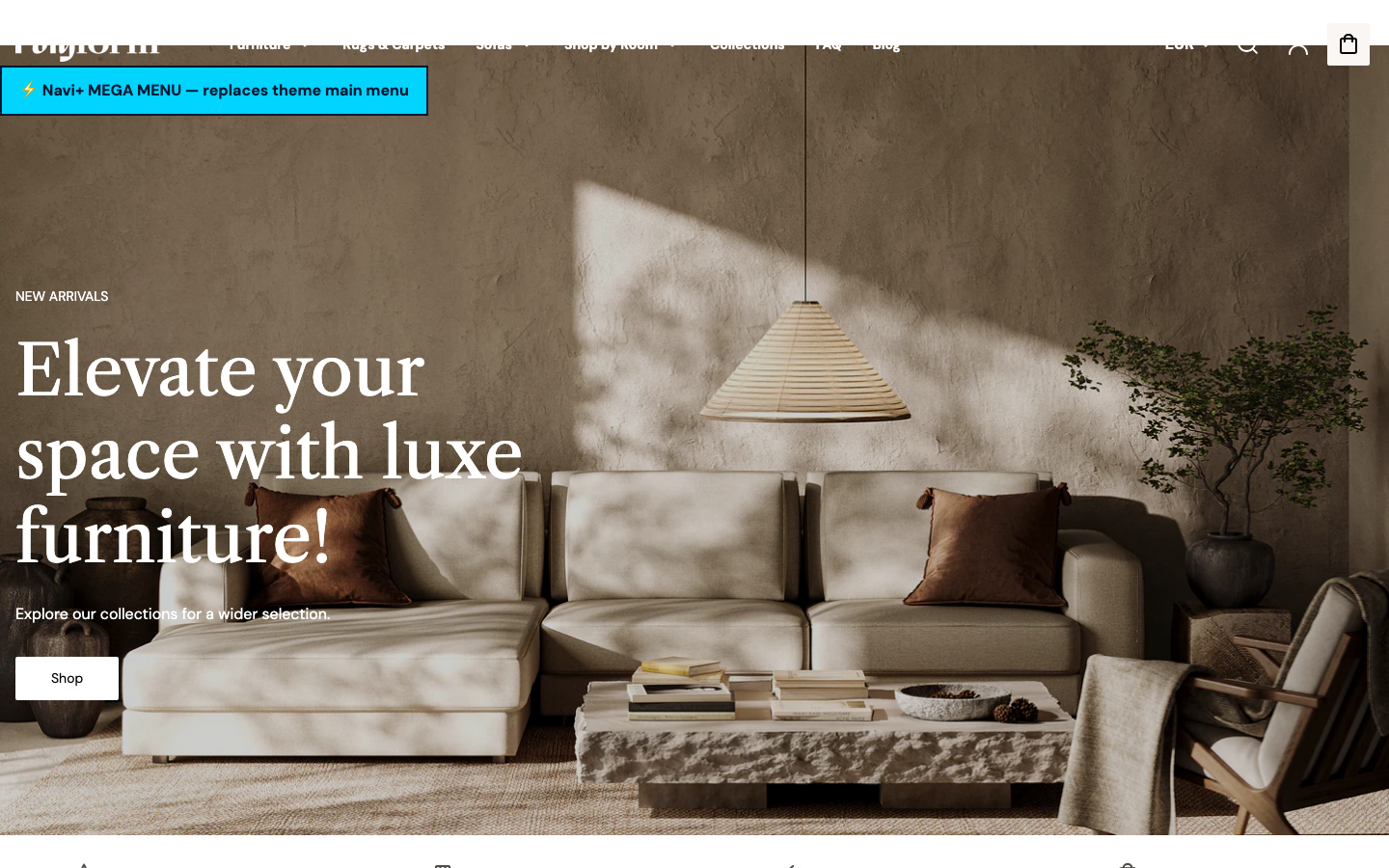 Navi+ Mega Menu replacing the desktop menu on the Polyform Shopify theme Navi+ Mega Menu replacing the desktop menu on the Polyform Shopify theme