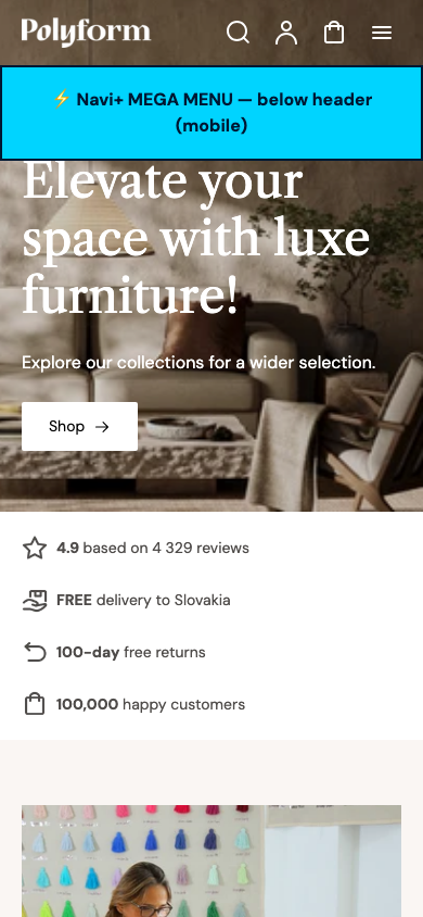 Menu inserted below header — Navi+ on the Polyform Shopify theme Menu inserted below header — Navi+ on the Polyform Shopify theme