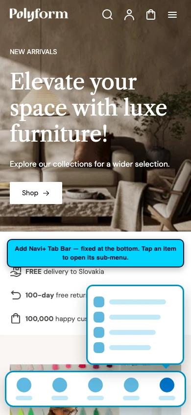 Navi+ Tab Bar on the Polyform Shopify theme Navi+ Tab Bar on the Polyform Shopify theme