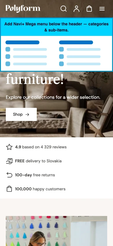 Navi+ mobile Mega Menu on the Polyform Shopify theme Navi+ mobile Mega Menu on the Polyform Shopify theme