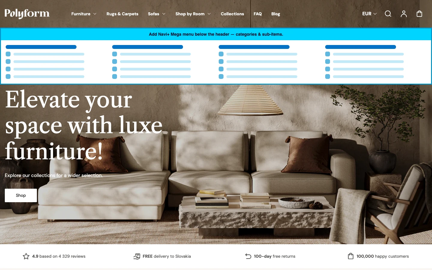 Navi+ Mega Menu inserted below the header on the Polyform Shopify theme Navi+ Mega Menu inserted below the header on the Polyform Shopify theme