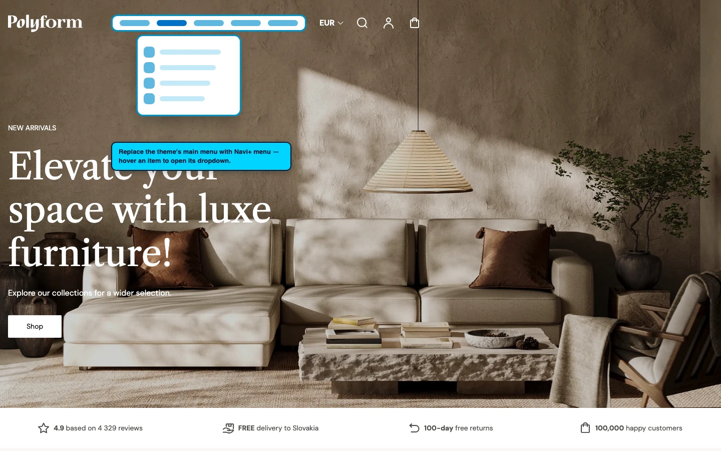 Navi+ Mega Menu replacing the desktop menu on the Polyform Shopify theme