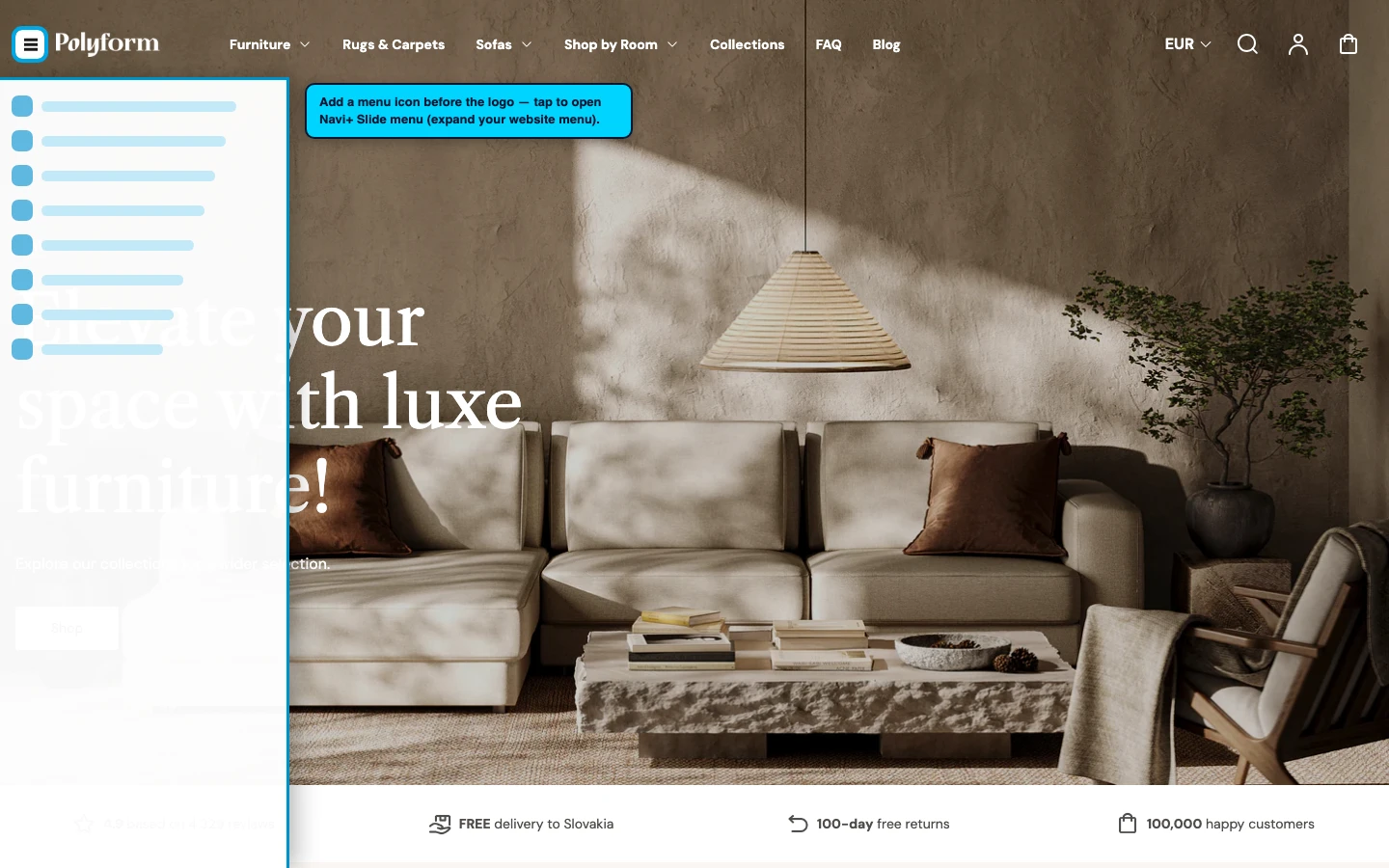 Navi+ trigger icon before the logo on the Polyform Shopify theme Navi+ trigger icon before the logo on the Polyform Shopify theme