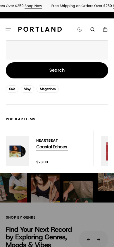 Search → panel opened — Navi+ on the Portland Shopify theme