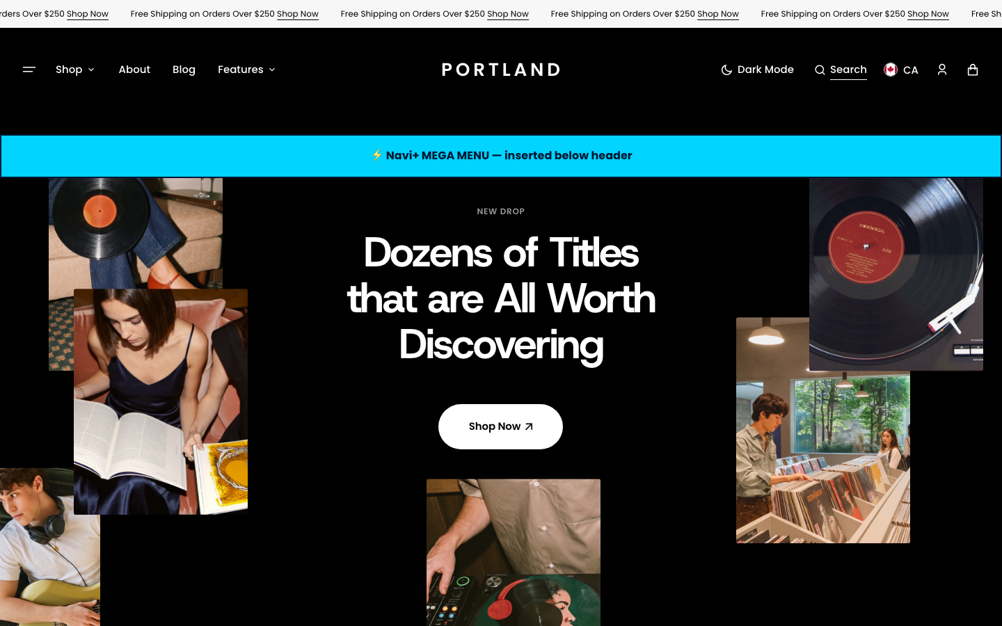 Menu inserted below header — Navi+ on the Portland Shopify theme
