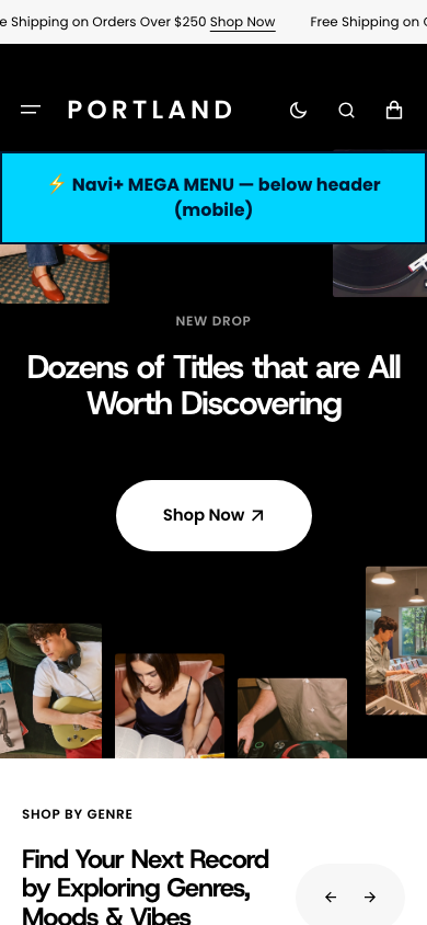 Menu inserted below header — Navi+ on the Portland Shopify theme