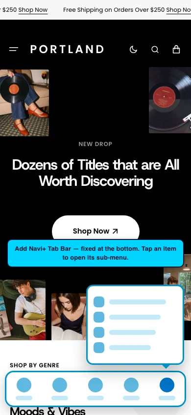 Navi+ Tab Bar on the Portland Shopify theme
