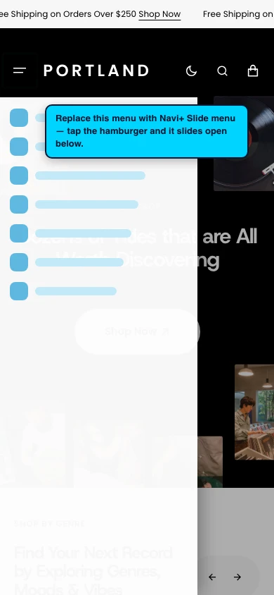 Navi+ Slide Menu on the Portland Shopify theme