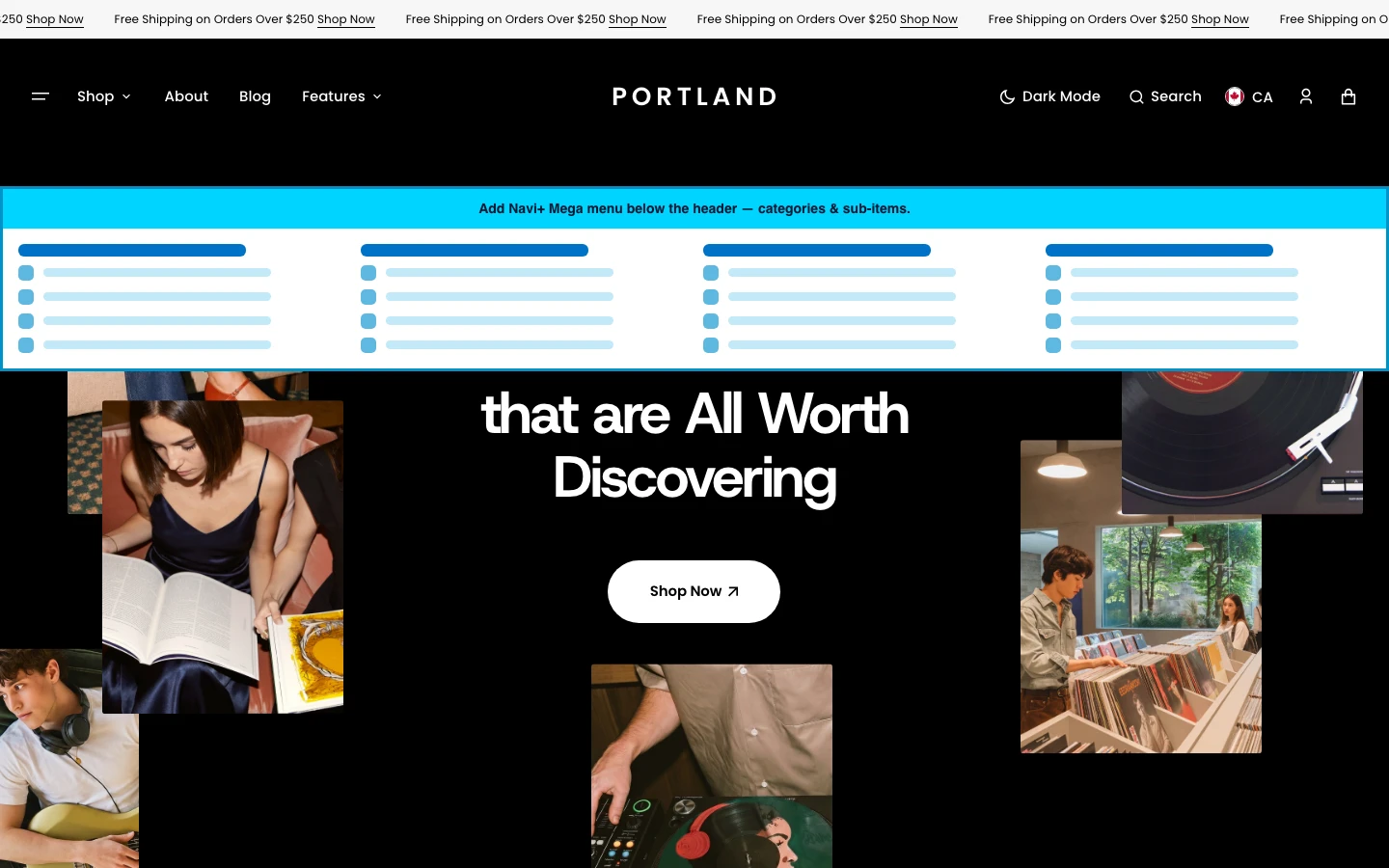 Navi+ Mega Menu inserted below the header on the Portland Shopify theme