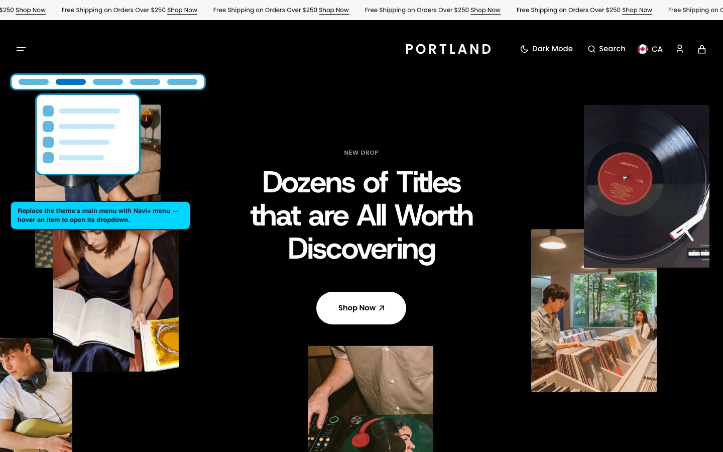 Navi+ Mega Menu replacing the desktop menu on the Portland Shopify theme