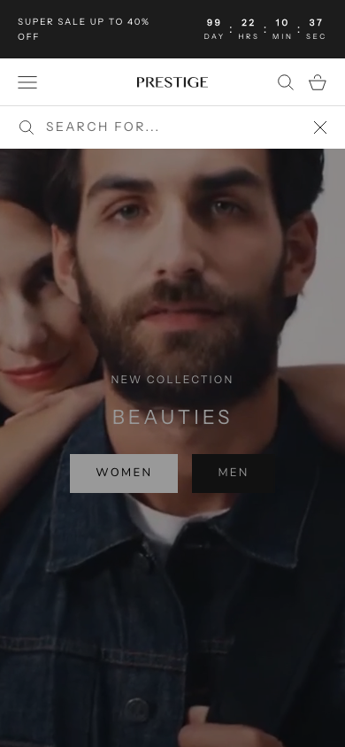 Search → panel opened — Navi+ on the Prestige Shopify theme Search → panel opened — Navi+ on the Prestige Shopify theme