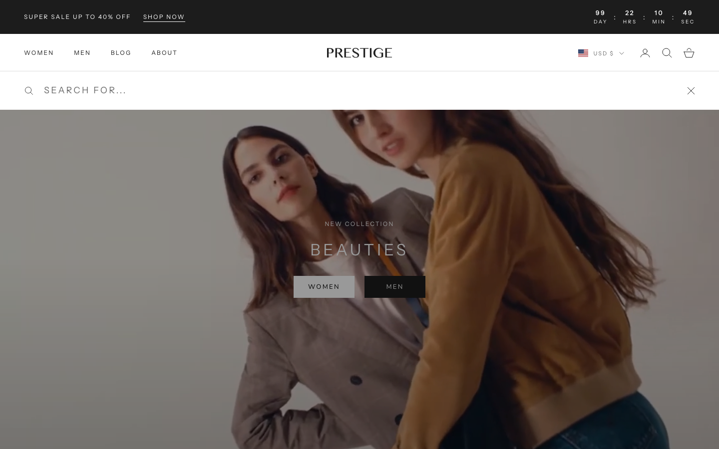 Search → panel opened — Navi+ on the Prestige Shopify theme Search → panel opened — Navi+ on the Prestige Shopify theme
