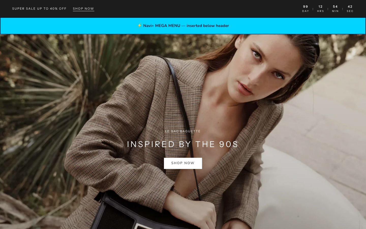 Menu inserted below header — Navi+ on the Prestige Shopify theme Menu inserted below header — Navi+ on the Prestige Shopify theme