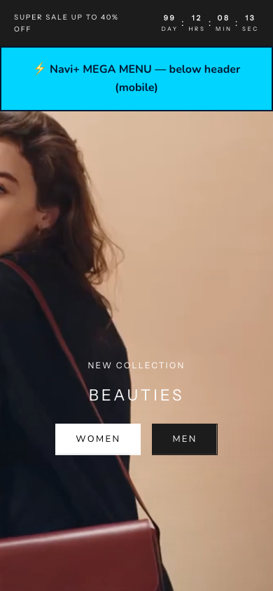 Menu inserted below header — Navi+ on the Prestige Shopify theme Menu inserted below header — Navi+ on the Prestige Shopify theme