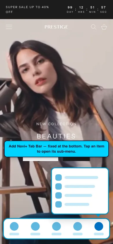 Navi+ Tab Bar on the Prestige Shopify theme
