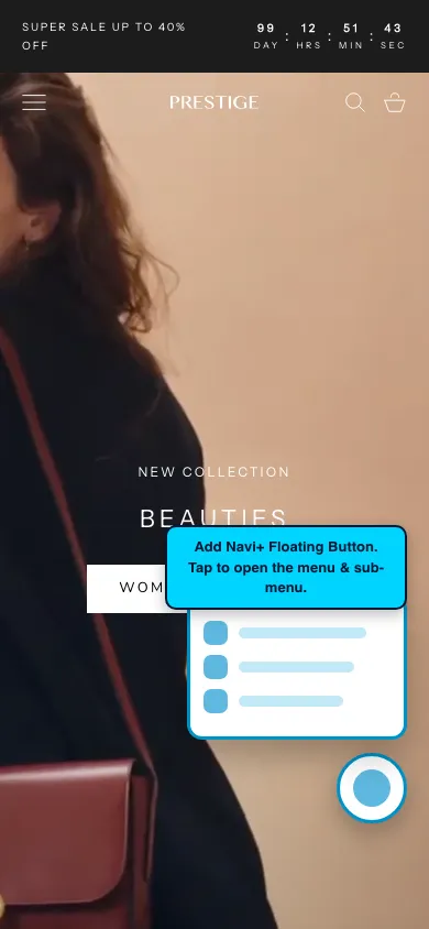 Navi+ FAB on the Prestige Shopify theme