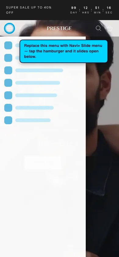 Navi+ Slide Menu on the Prestige Shopify theme