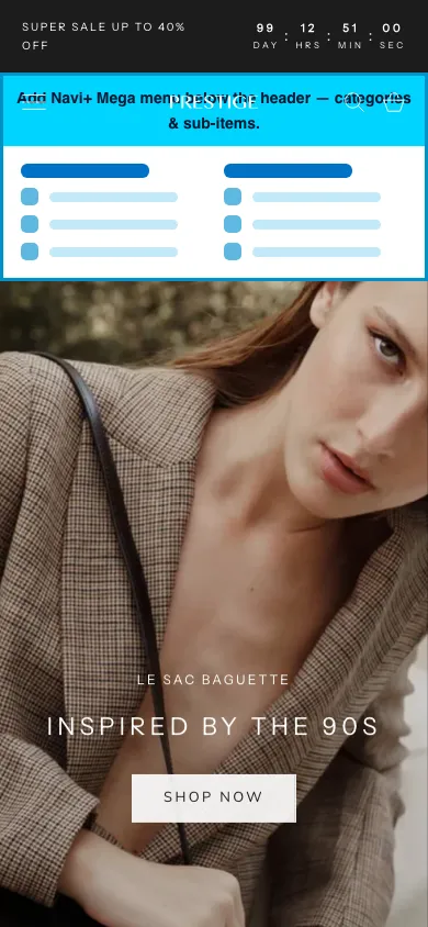 Navi+ mobile Mega Menu on the Prestige Shopify theme