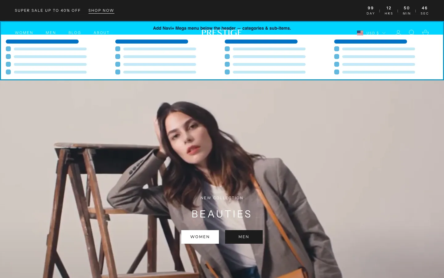Navi+ Mega Menu inserted below the header on the Prestige Shopify theme