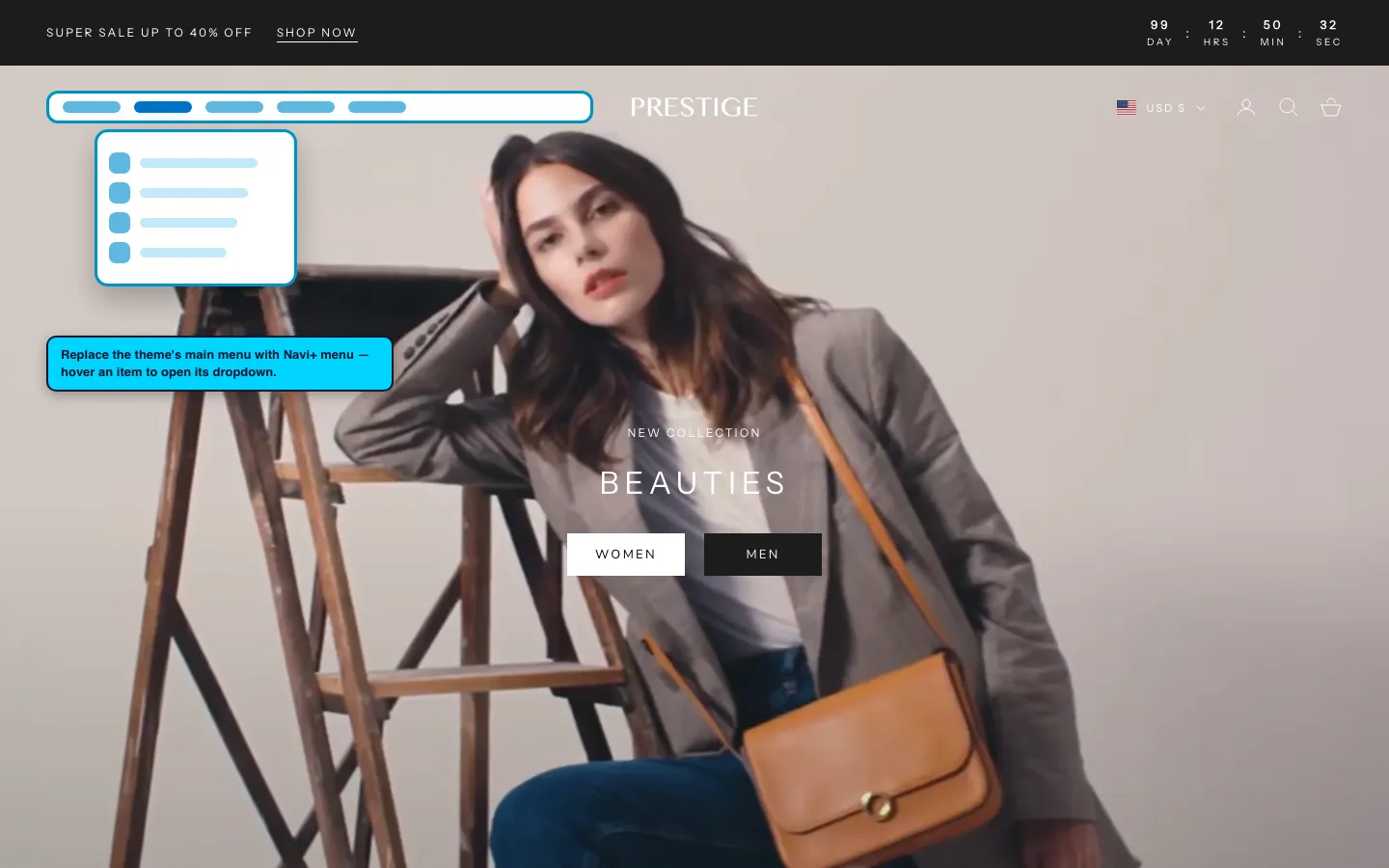 Navi+ Mega Menu replacing the desktop menu on the Prestige Shopify theme