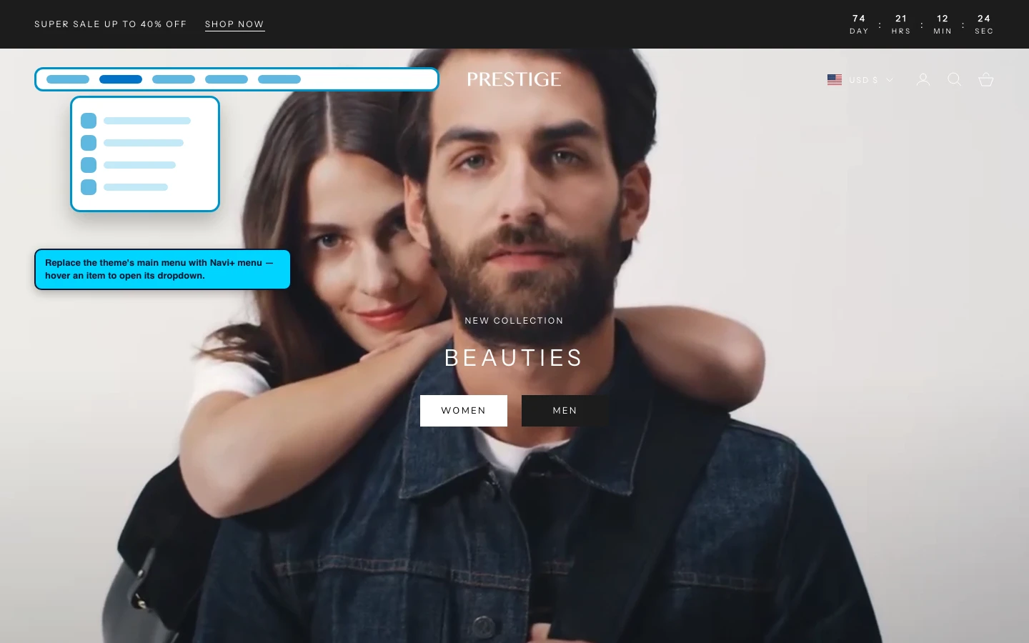 Navi+ Mega Menu replacing the desktop menu on the Prestige Shopify theme Navi+ Mega Menu replacing the desktop menu on the Prestige Shopify theme