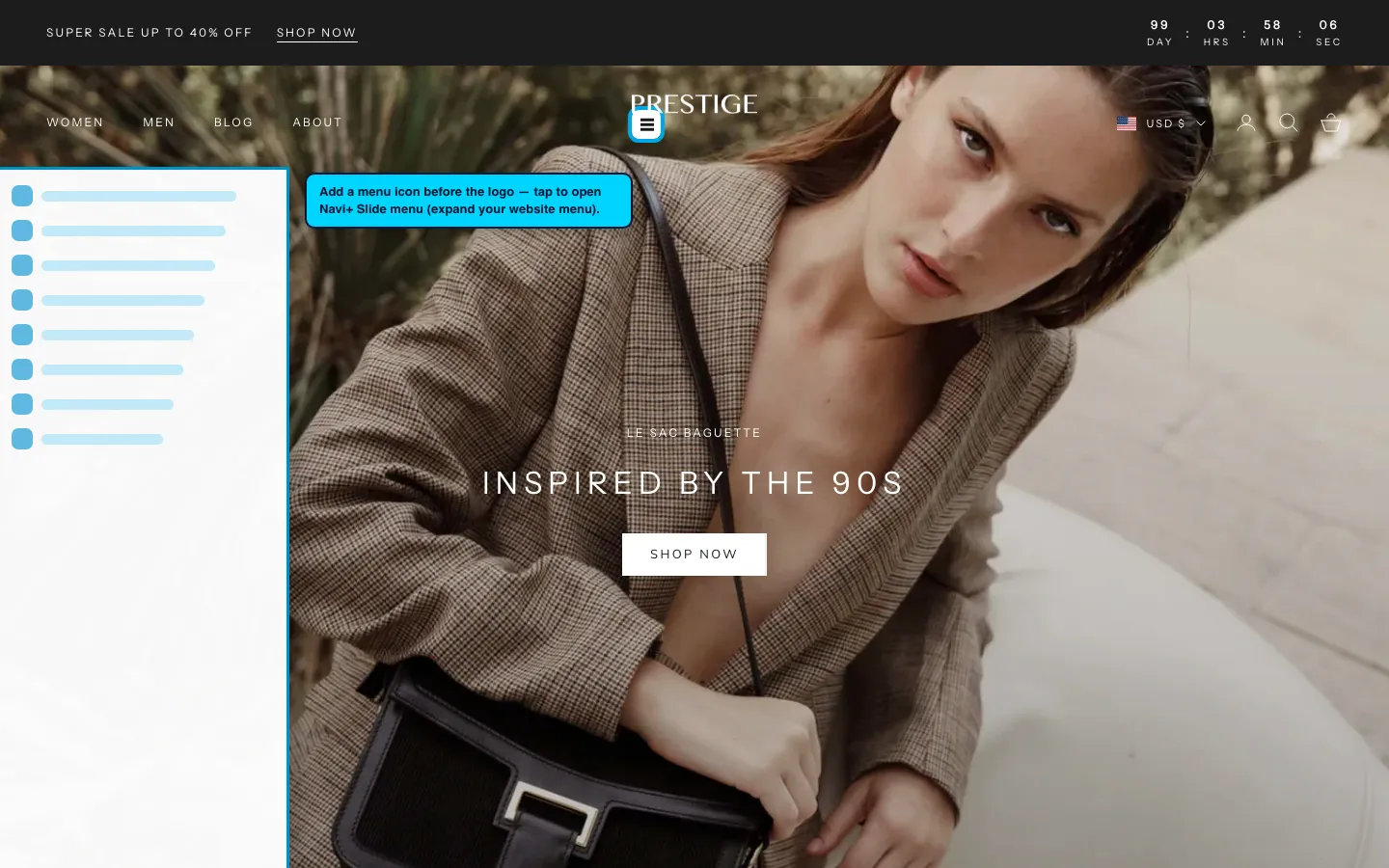 Navi+ trigger icon before the logo on the Prestige Shopify theme