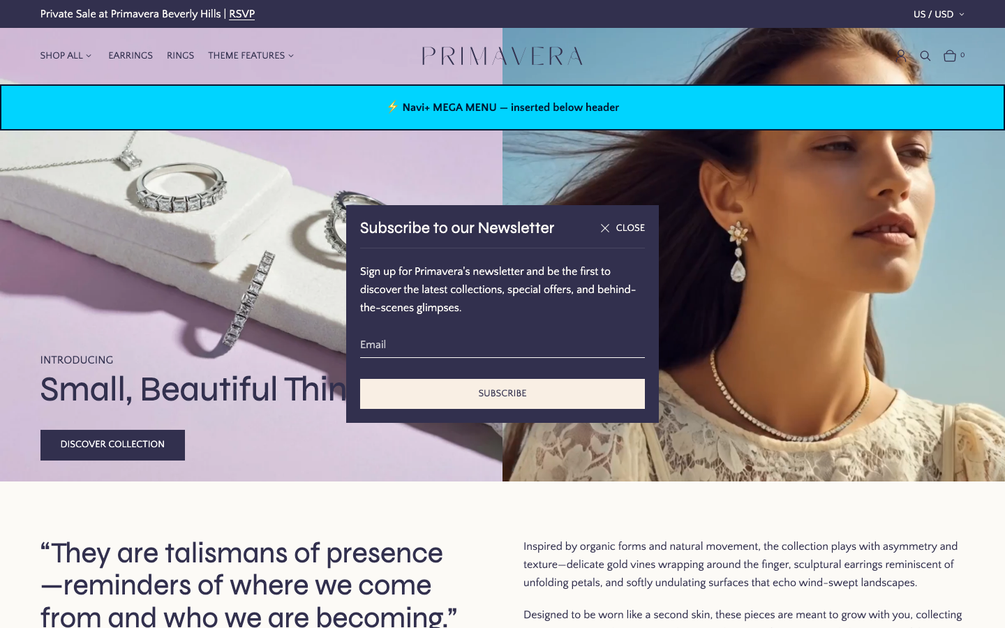 Menu inserted below header — Navi+ on the Primavera Shopify theme Menu inserted below header — Navi+ on the Primavera Shopify theme