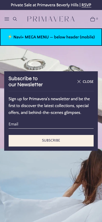 Menu inserted below header — Navi+ on the Primavera Shopify theme Menu inserted below header — Navi+ on the Primavera Shopify theme