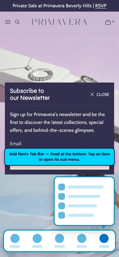 Navi+ Tab Bar on the Primavera Shopify theme Navi+ Tab Bar on the Primavera Shopify theme
