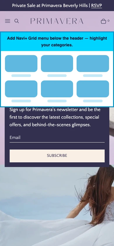 Navi+ Grid Menu on the Primavera Shopify theme Navi+ Grid Menu on the Primavera Shopify theme