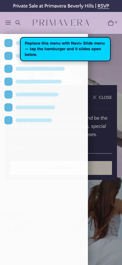 Navi+ Slide Menu on the Primavera Shopify theme Navi+ Slide Menu on the Primavera Shopify theme