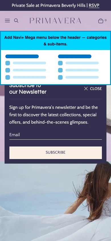 Navi+ mobile Mega Menu on the Primavera Shopify theme Navi+ mobile Mega Menu on the Primavera Shopify theme