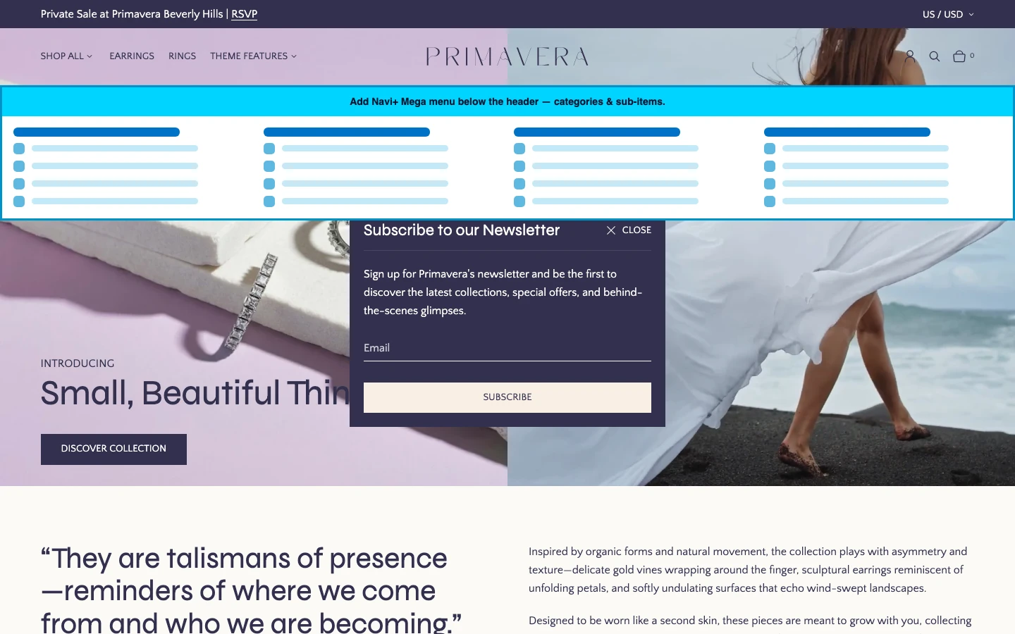 Navi+ Mega Menu inserted below the header on the Primavera Shopify theme Navi+ Mega Menu inserted below the header on the Primavera Shopify theme