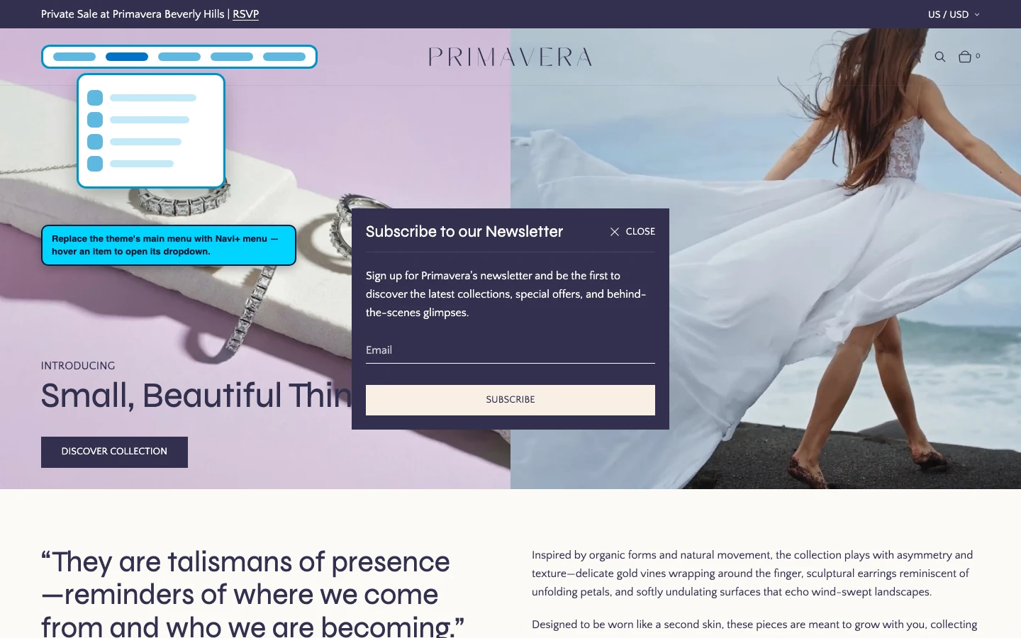 Navi+ Mega Menu replacing the desktop menu on the Primavera Shopify theme Navi+ Mega Menu replacing the desktop menu on the Primavera Shopify theme