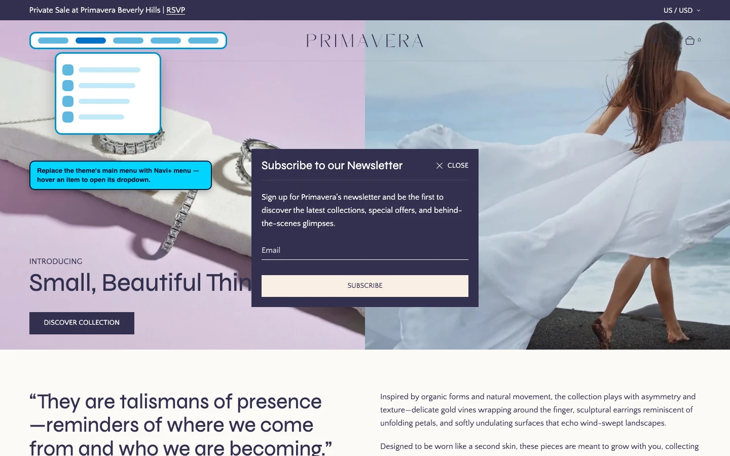 Navi+ Mega Menu replacing the desktop menu on the Primavera Shopify theme Navi+ Mega Menu replacing the desktop menu on the Primavera Shopify theme