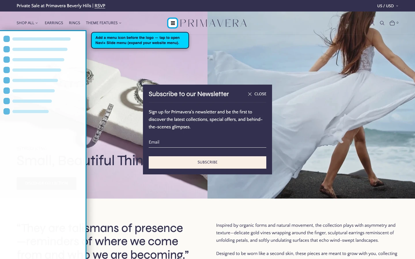 Navi+ trigger icon before the logo on the Primavera Shopify theme Navi+ trigger icon before the logo on the Primavera Shopify theme