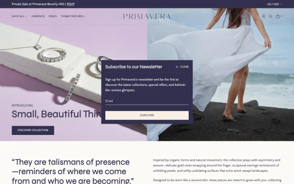 Full-page desktop screenshot of Shopify Primavera theme demo store