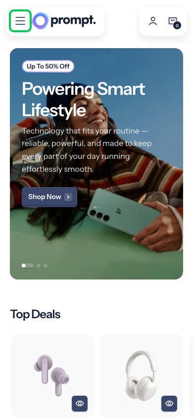 Hamburger → panel opened — Navi+ on the Prompt Shopify theme Hamburger → panel opened — Navi+ on the Prompt Shopify theme