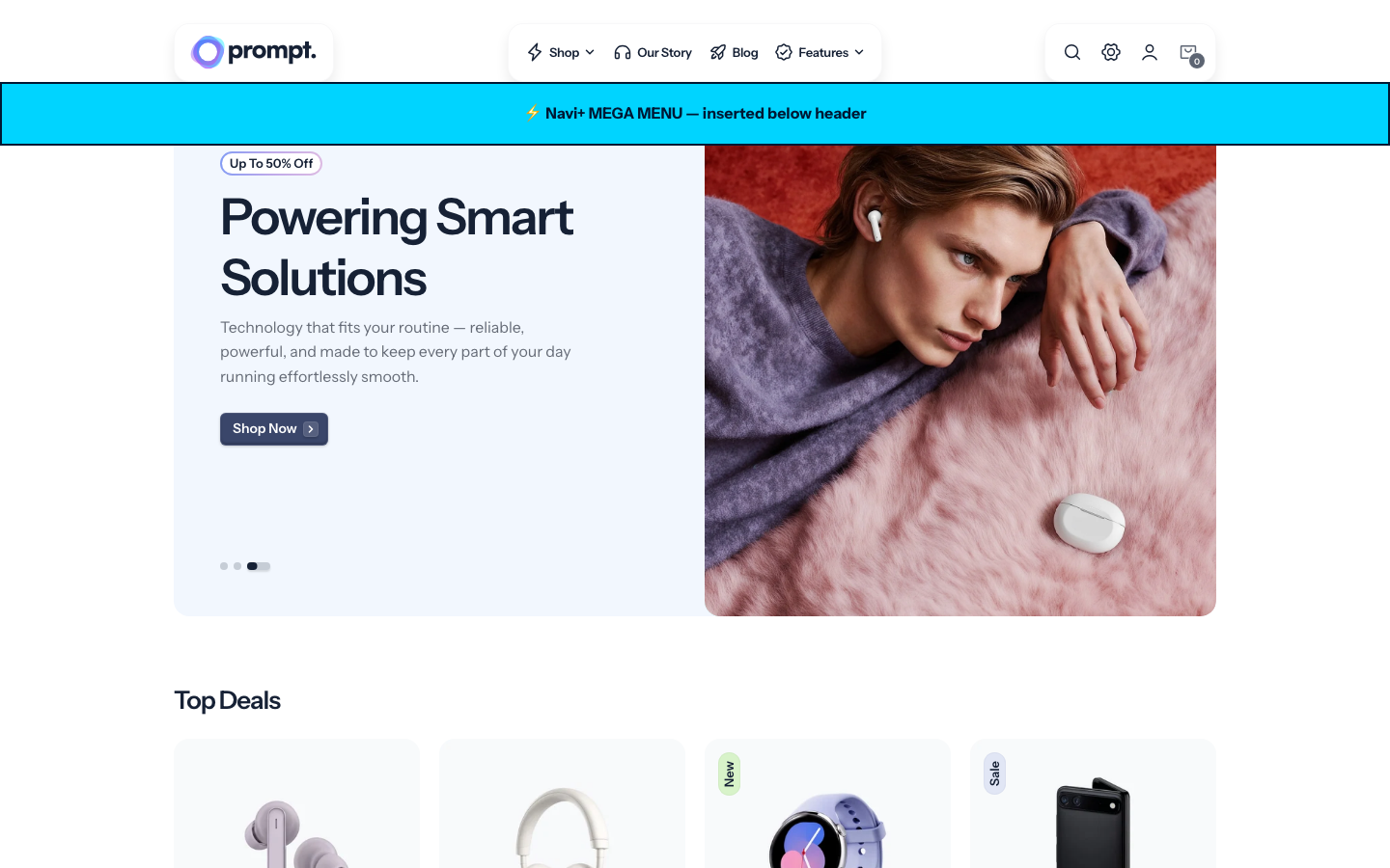Menu inserted below header — Navi+ on the Prompt Shopify theme Menu inserted below header — Navi+ on the Prompt Shopify theme