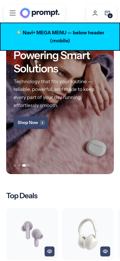 Menu inserted below header — Navi+ on the Prompt Shopify theme Menu inserted below header — Navi+ on the Prompt Shopify theme