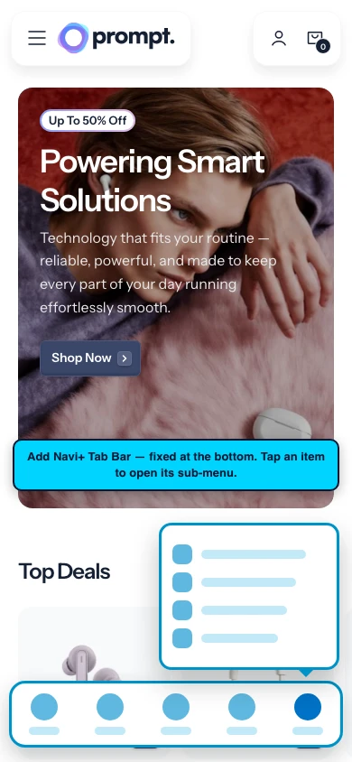 Navi+ Tab Bar on the Prompt Shopify theme Navi+ Tab Bar on the Prompt Shopify theme