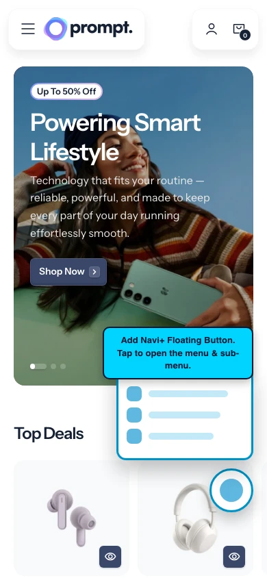Navi+ FAB on the Prompt Shopify theme Navi+ FAB on the Prompt Shopify theme