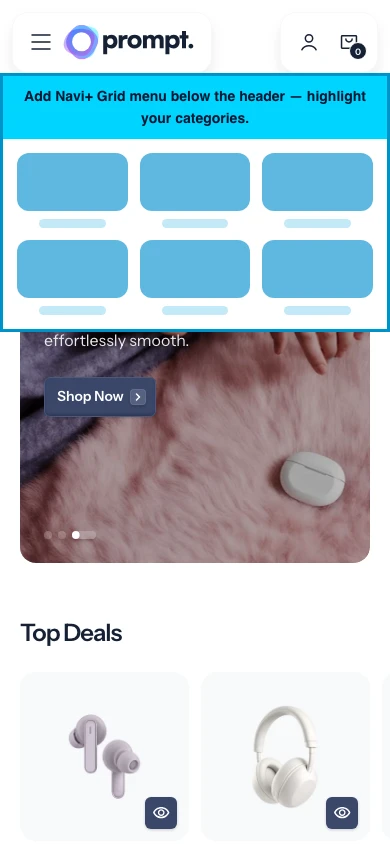 Navi+ Grid Menu on the Prompt Shopify theme Navi+ Grid Menu on the Prompt Shopify theme
