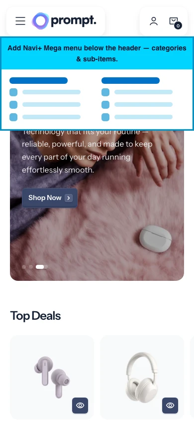 Navi+ mobile Mega Menu on the Prompt Shopify theme Navi+ mobile Mega Menu on the Prompt Shopify theme