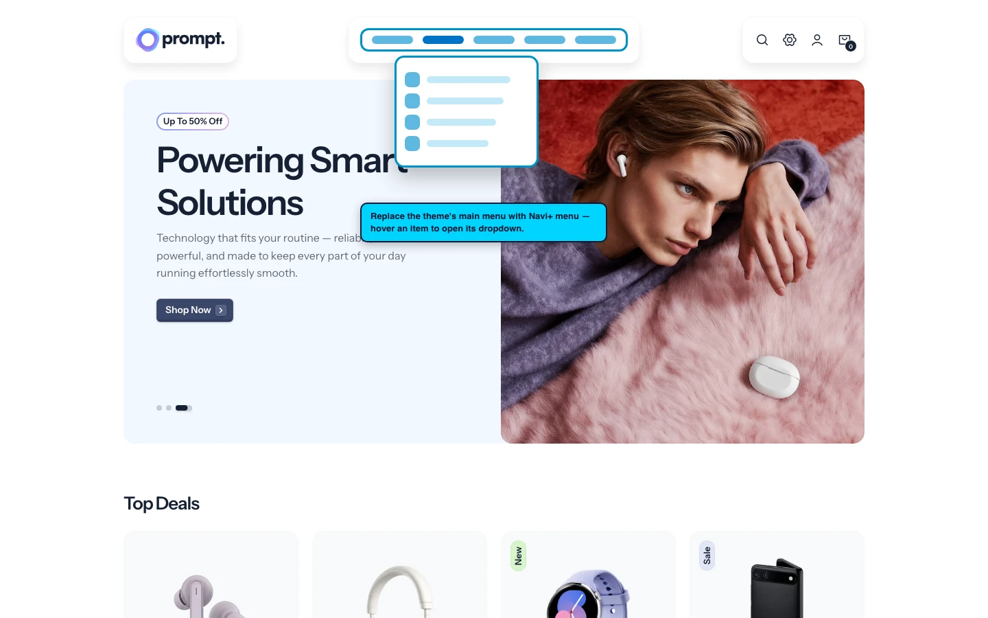 Navi+ Mega Menu replacing the desktop menu on the Prompt Shopify theme Navi+ Mega Menu replacing the desktop menu on the Prompt Shopify theme