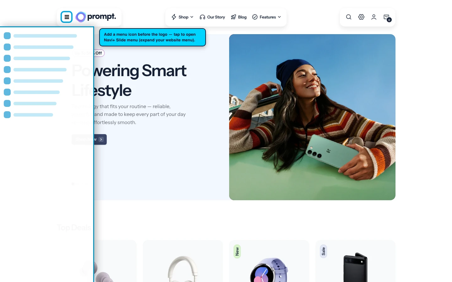 Navi+ trigger icon before the logo on the Prompt Shopify theme Navi+ trigger icon before the logo on the Prompt Shopify theme