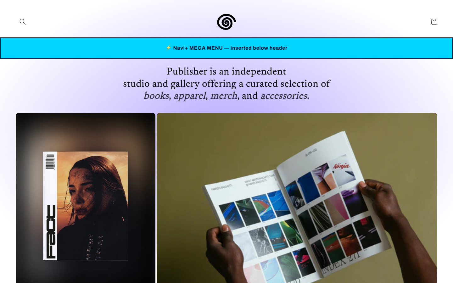 Menu inserted below header — Navi+ on the Publisher Shopify theme Menu inserted below header — Navi+ on the Publisher Shopify theme