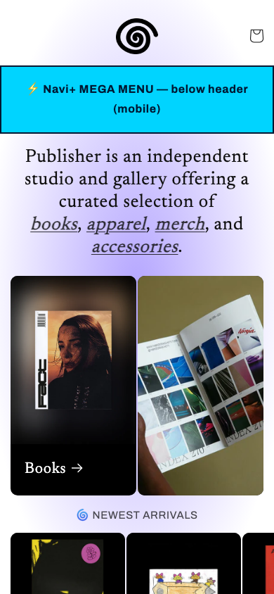 Menu inserted below header — Navi+ on the Publisher Shopify theme Menu inserted below header — Navi+ on the Publisher Shopify theme